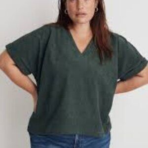 Madewell Corduroy Boxy Fit V-Neck Blouse XL Green Button Detail Relaxed Fit